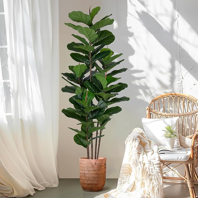Faux Fiddle Leaf Fig Tree 6 FT - Artificial Ficus Tree with Tall Artificial Plants Large 69 Fiddle Leaves - Lifelike Fake Trees for Home Decor Living Room Indoor Outdoor