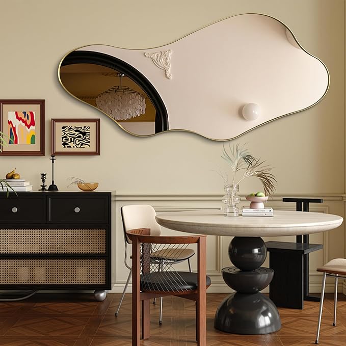 Large Irregular Mirror, Asymmetrical Mirrors Full Length, 55"x25.6" Wavy Shaped Mirror with Metal Frame, Gold Decorative Abstract Mirrors for Living Room Bathroom Bedroom Hallway Entryway
