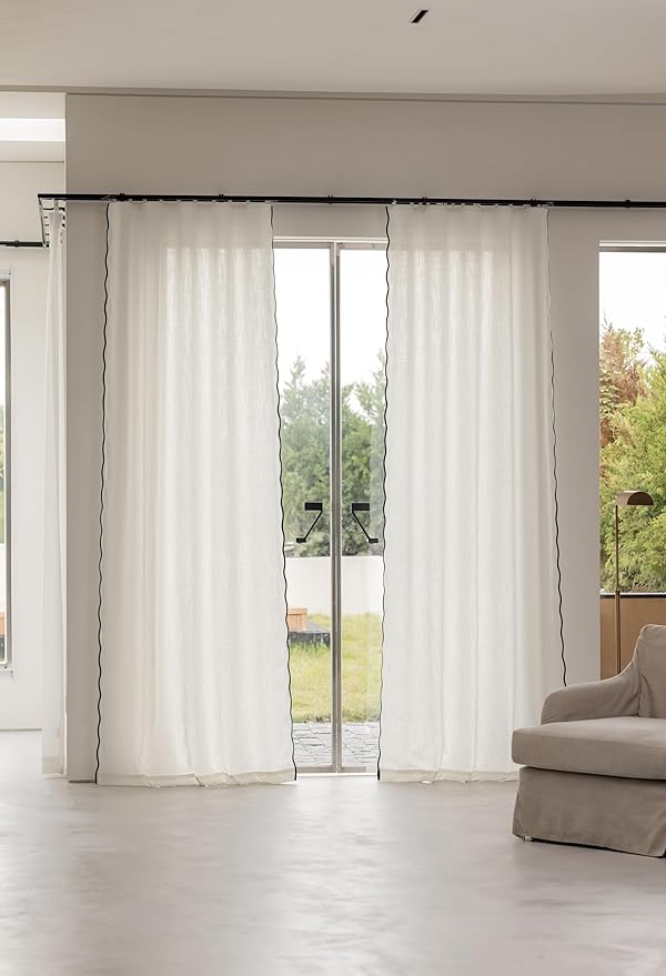 Linen Blend Scalloped/Wavy Trim, Ripple Fold Curtains for Living Room, Bedroom, Home Office, Kids Room & Dining - Light Filtering Curtains - Set of 2 - Navy, (50" W x 96" L)