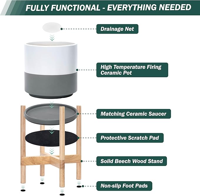 D'vine Dev Ceramic Planter with Natural Stand - 8 Inch Modern Round Flower Pot with Wood Planter Holder, White/Grey, 55-B-N-6
