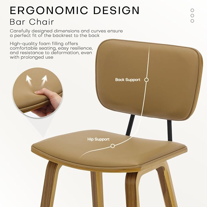 Counter Height Bar Stools Set of 3, PU Leather Upholstered Barstools with Backs, Bent Wood Legs, 26 Inch Seat Height, Mid Century Modern Counter Stools for Kitchen Island, Brown