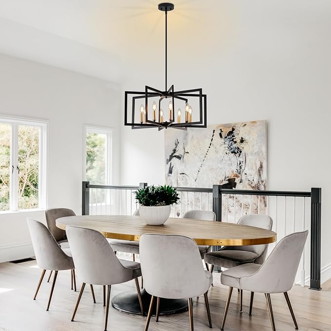 Black Chandelier for Dining Room, 8-Light Kitchen Chandelier Light Fixture Modern Metal Industrial Large Chandeliers for Farmhouse Entryway Living Room (Black Gold)