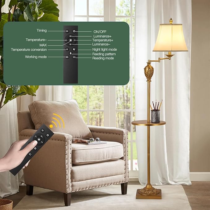 Traditional LED Floor Lamp with 350° Adjustable Swing Arm Lamp – Vintage Standing Pole lamp for Living Room, Bedroom and Office – Rustic Upright Floor Light for Home Décor with Silk Fabric Shade