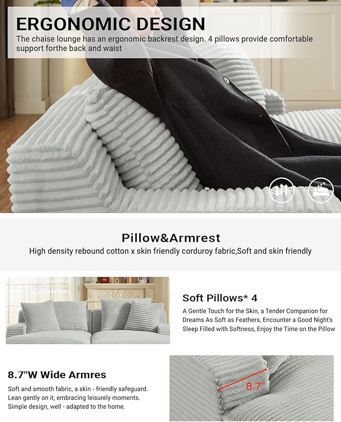 Oversized Double Chaise Lounge, Corduroy Boneless Couch, Modern Oversized Chaise Lounge, Upholstered Sleeper Sectional Sofa Daybed with Throw Pillows and Armrest for Living Room, Light Grey