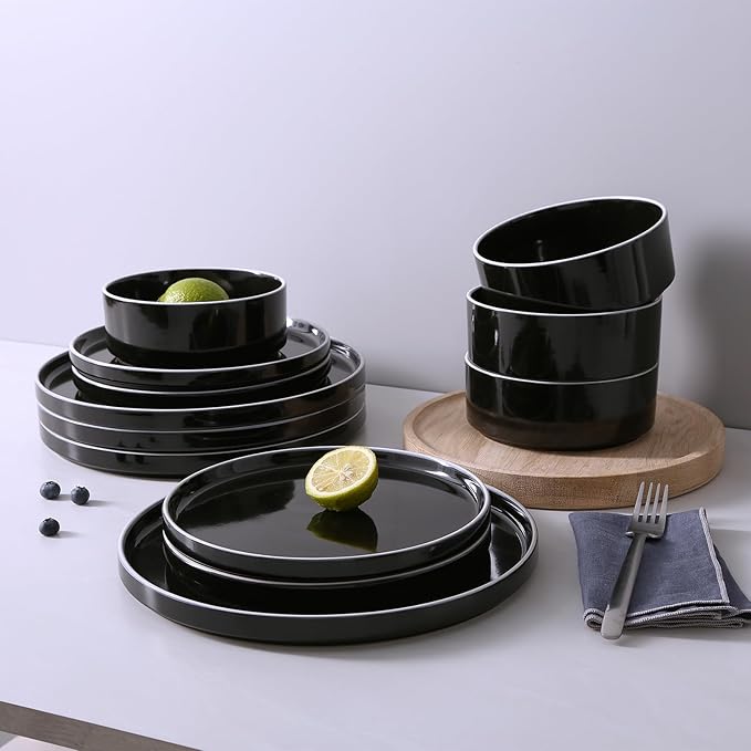 Famiware Nebula Plates and Bowls Set, 24 Pieces Dinnerware Sets, Dishes Set for 8, Black with White Rim