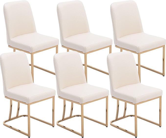 VESCASA Woven Faux Leather Upholstered Dining Chairs with Back, Mid Century Modern Chairs with Gold Metal Frame for Dining Room, Restaurant, Kitchen, Set of 6, Beige