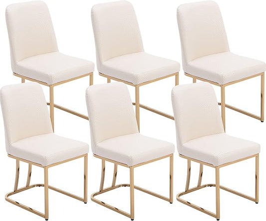 VESCASA Woven Faux Leather Upholstered Dining Chairs with Back, Mid Century Modern Chairs with Gold Metal Frame for Dining Room, Restaurant, Kitchen, Set of 6, Beige