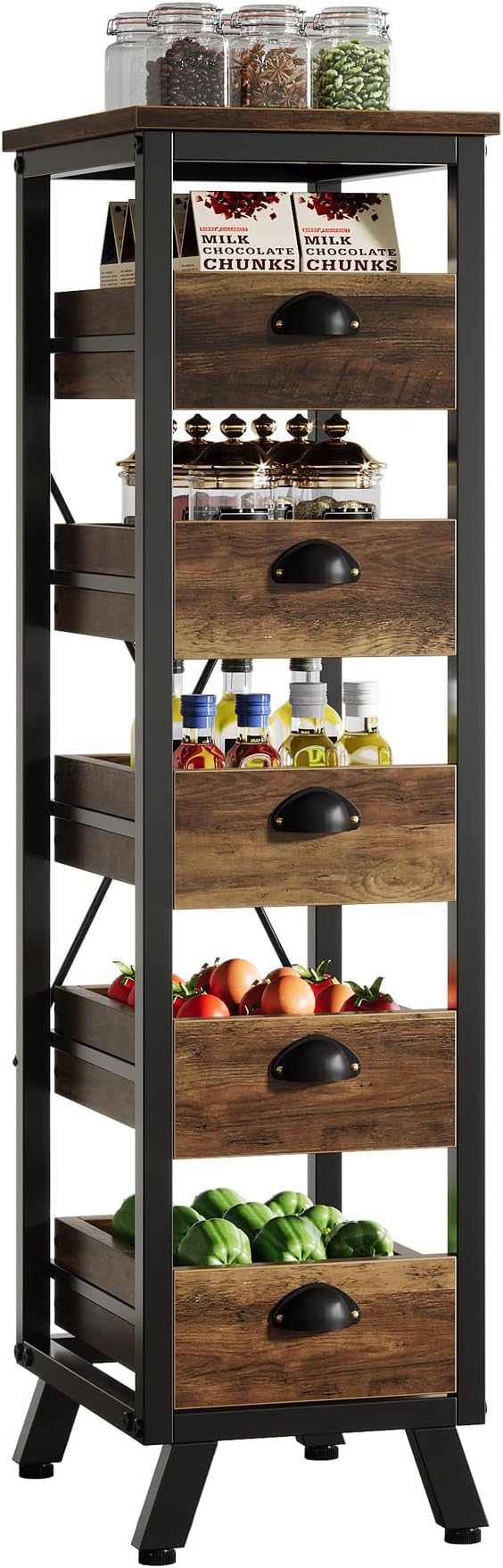 Tribesigns Wood Fruit and Vegetable Storage Rack, 5-Tier Narrow Snack Stand Kitchen Stand Fruit Basket, Pull-Out Utility Organizer for Kitchen, Living Room, Rustic Brown