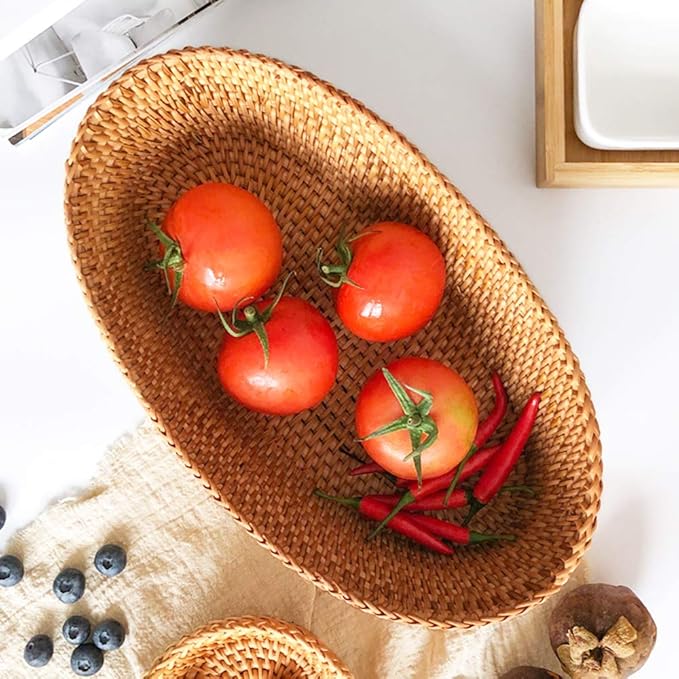 i-lan Large Size Handmand Oval Bread Serving Basket, Natural Rattan Fruit Bowl, Coffee Table Tray for Food Storage, Snack, Vegetable, Honey Brown （L: 12.5")