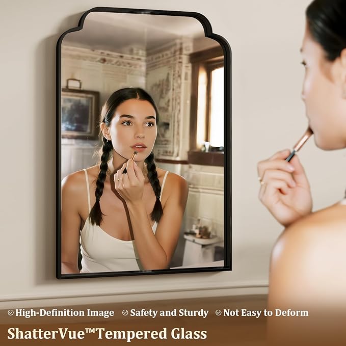 20X30 Inch Black Bathroom Mirror for Wall, Modern Rounded Corner Rectangle Mirror with Non-Rusting Iron Metal Framed Bathroom Vanity Mirror for Over Sink Wall Decor