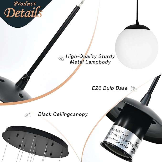 KoKo&Yukina 9-Light Globe Milky White Glass Pendant Light Adjustable Length Pendant Lights Modern Glass Globe Pendant Lights Black Chandeliers Large Chandeliers for High Ceilings (Bulb & Remote Incl)