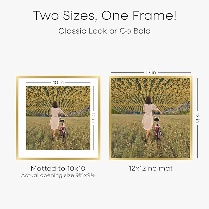 Homeforia 12x12 Picture Frame Gold, High End Metal 12 x 12 Square Poster Frame with Mat 10 x 10 Photo, 12x12 Frame Matted to 10x10 Print, 12by12 Gold Hanging Frames, Tempered Glass, Wall Kit, Set of 3
