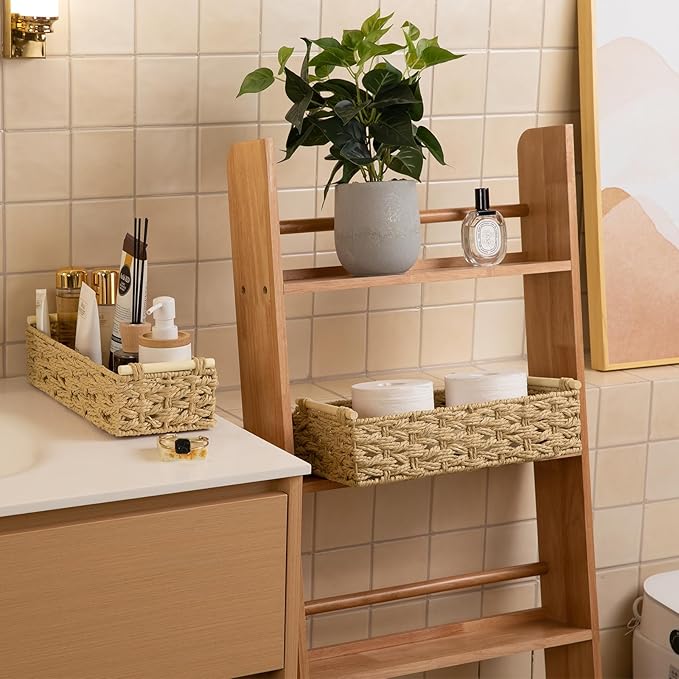 OIAHOMY Toilet Paper Baskets Handmade Paper Rope Decorative Wicker Storage Tank Shelf Cabinet Organizer for Bathroom Home, Set of 2, Yellow