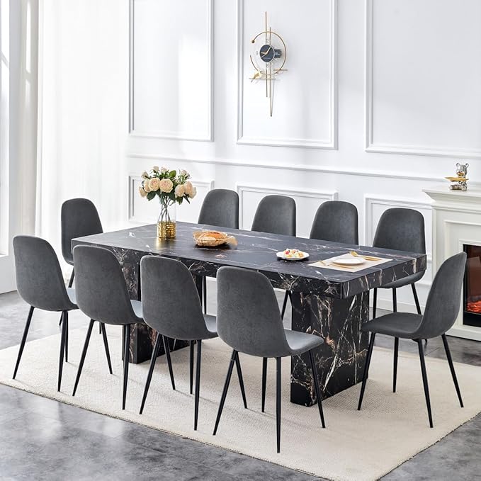79" Marble Dining Table Set｜Modern Dining Table Set with 10 Artifical Leather Chairs｜Engineered Wood with Marble Pattern Tabletop｜Widened and Stable Tablelegs｜Easy Assembly