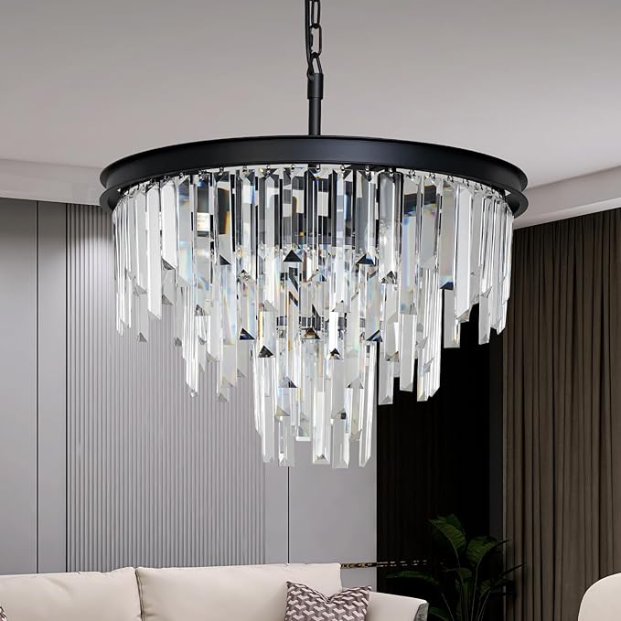 20'' Modern Crystal Chandelier, Black Round Ceiling Light with Clear Prisms, Luxury Flush Mount Lighting Fixture for Dining Room Bedroom Foyer