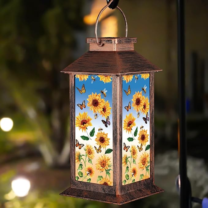 Solar Lantern Outdoor Waterproof Sunflower Butterfly Garden Decor Birthday Gifts for Women Mom and Grandma Solar LED Plastic Decorative Hanging Light for Yard(Sunflower Butterfly)