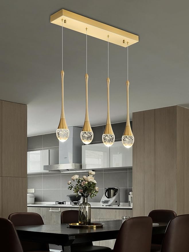 Dining Room Light Fixture 4-Light Gold Kitchen Island Lighting Industrial Linear Crystal Chandeliers for Dining Room Pendant Light Fixture for Living Room Hallway Bedroom