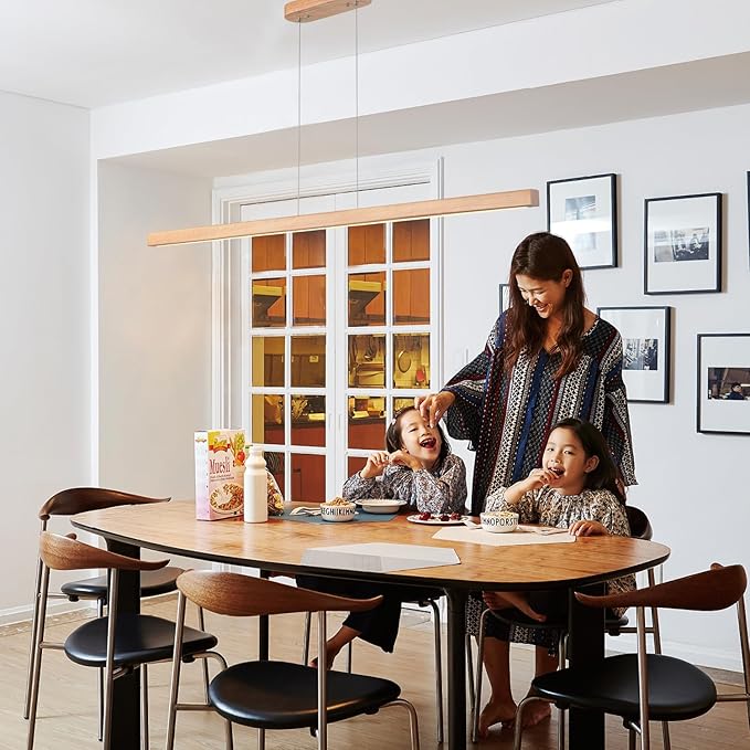 55" Wood Linear Pendant Modern Kitchen Island Light Fixture with Remote Solid Wooden Hanging Ceiling Light Chandeliers for Dining Room Kitchen Pendant Lighting Over Island Natural