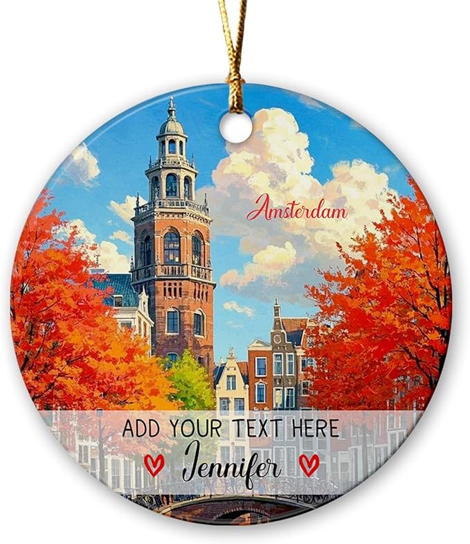 Custom Text/Name Amsterdam Capital Scenery Ceramic Christmas Ornament, Personalized Amsterdam Netherlands Ornament 2025, European Travel Souvenir Collection Xmas Tree Ornaments Gift for Family Friend