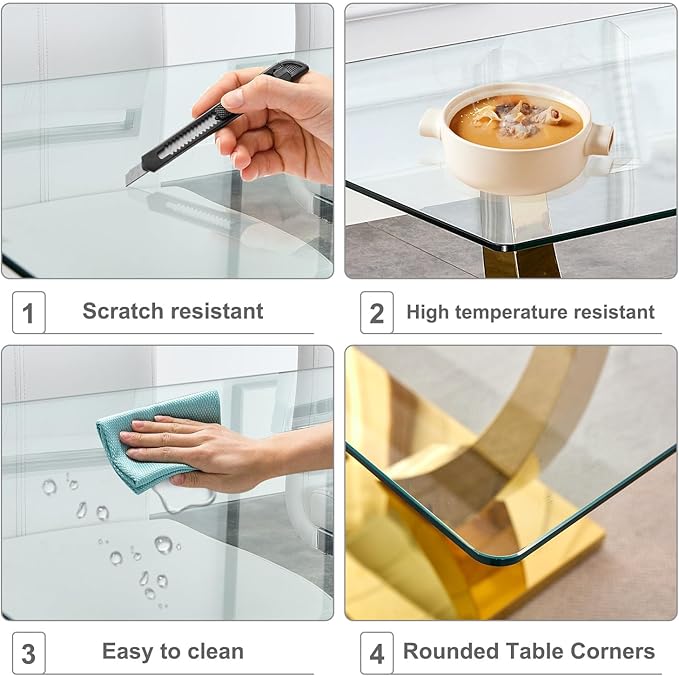 63” Glass Dining Table Set for 6,Gold Dining Room Table Set for 6,Modern Kitchen Table and PU Leather Chairs for 6, Dinner Table with Rectangle Tempered Glass Top and Golden Base