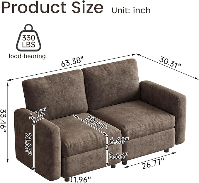 2-Seat Modular Sofa Couch for Small Spaces, Convertible Sleeper Loveseat with Ergonomic Cushions, Brown Cloud Futon Lounge Sectional Furniture for Living Room Bedroom Apartment