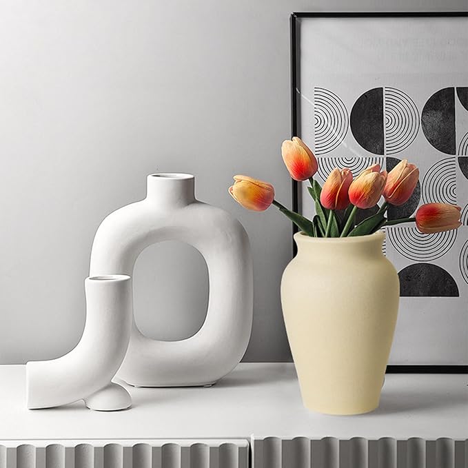 Ceramic Vase for Home Decor, 9 Inch Wide Mouth Pottery Vase, Vintage Farmhouse Vase Boho Neutral Decor, Terracotta Rustic Vase for Living Room, Entryway, Floor, Mantel Decoration（Pottery Clay）