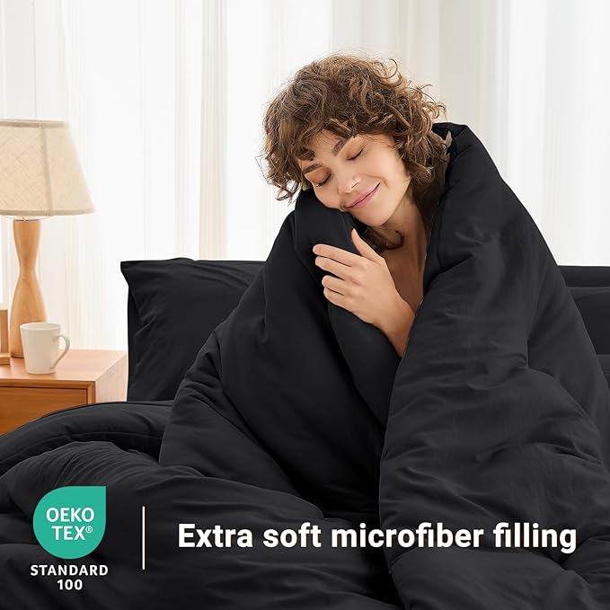 MUXHOMO 5 Pieces Twin XL Comforter Set, Soft Bed in a Bag Twin XL Size, All Season Bedding Set with Comforter, Flat Sheet, Fitted Sheet, Pillowcases & Shams, Black