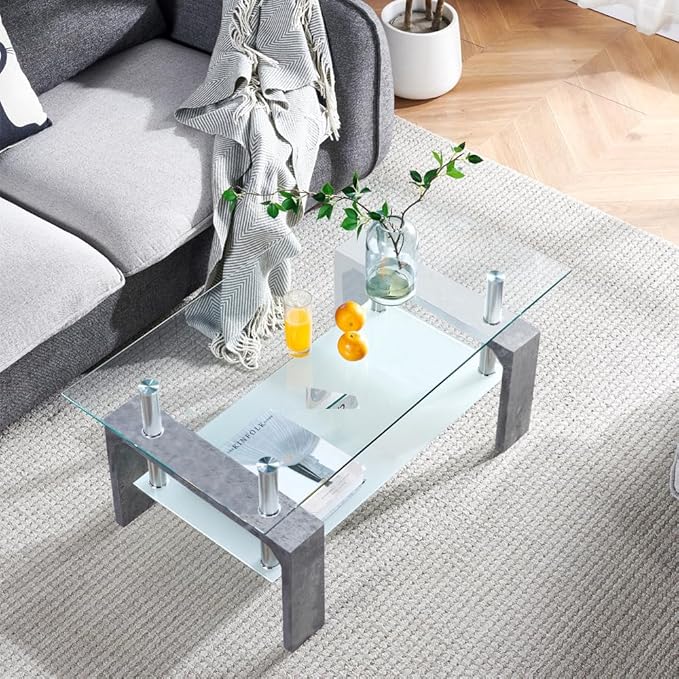 Living Room Rectangle Coffee Table, Tea Table Suitable for Waiting Room, Modern Side Coffee Table with Wooden Leg, Glass Tabletop with Lower Shelf,Grey Marble