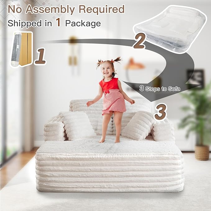 56"W Oversized Chaise Lounge Chair Indoor,Plush Faux Fur Sleeper Sofa Couch Bed with Pillows&Wide Armrest,Fluffy Comfy Cloud Sofa,Compression Foam Boneless Couch for Living Room,Bedroom(Beige)