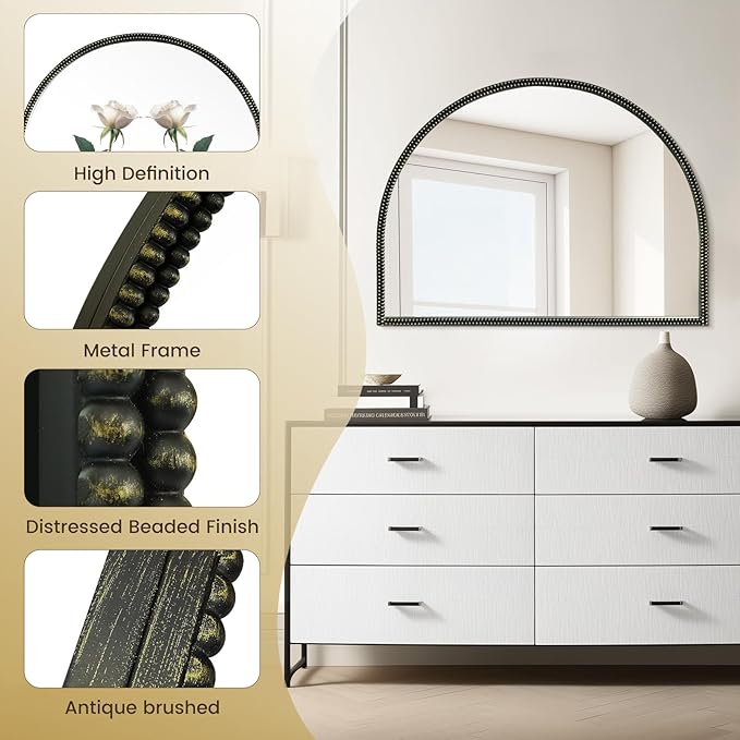 WallBeyond Black Vintage Mirror for Vanity 32x24 Inch, Gold Antique Mirror with Ornate Beaded Frame for Bathroom, Living Room, Fireplace, Entryway