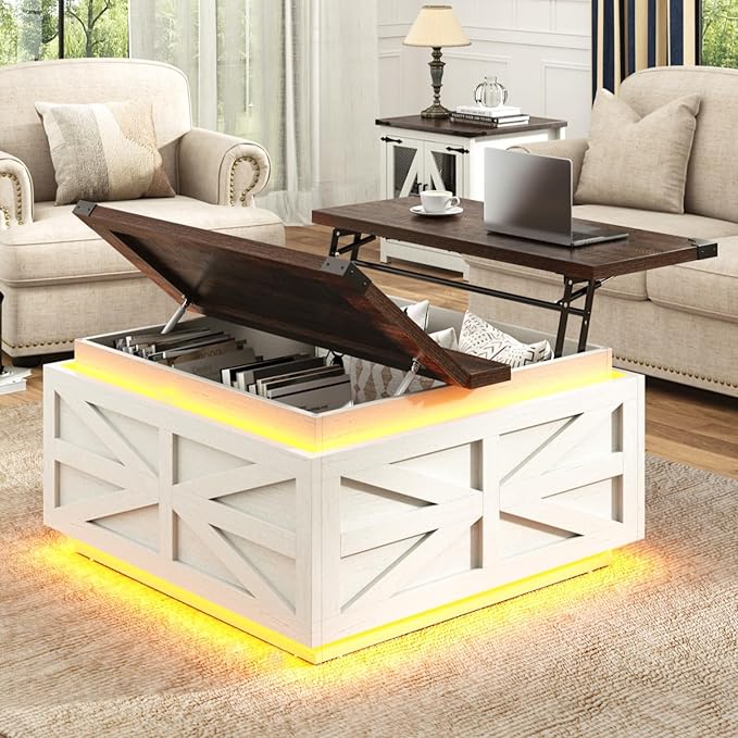 36" Farmhouse LED Lift Top Coffee Table with Storage and Power Outlets, Square Wood Living Room Tables with 2 LED Lights& Large Hidden Space, Lift Wooden Barn Door Center Table, Rustic White
