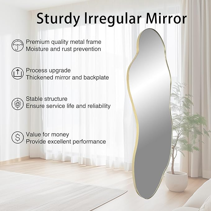 Large Irregular Mirror, 63"x27.2" Asymmetrical Wall Mirrors, Wavy Shaped Mirror Full Length, Modern Unique Mirrors for Living Room Bathroom Bedroom Hallway Entryway Fireplace