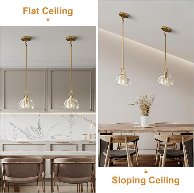 Pendant Light Fixture, 7" Glass Modern Brass Pendant Lights Kitchen Island, Hanging Glass Dome Pendant, Gold Kitchen Pendant Lighting Over Island,E12 Bulb Included