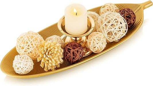Hanobe Leaf Wooden Decorative Tray: Leaf Shaped Wood Key Tray Decor Leaves Bowl for Crystal Small Candle, Gold