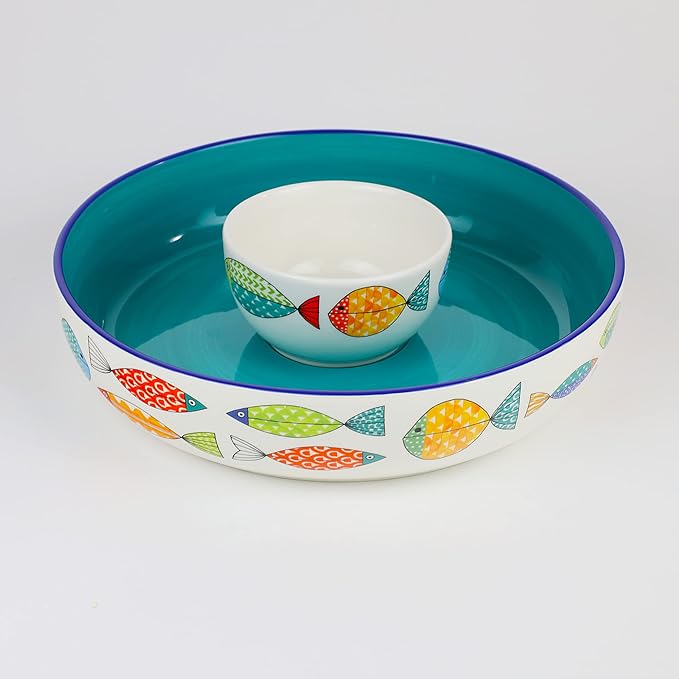 Euro Ceramica FreshCatch Collection Chip and Dip Serving Set (2 Bowls) - Indoor/Outdoor Use - Colorful Cute Fish Pattern on White (FRC-86-3918)
