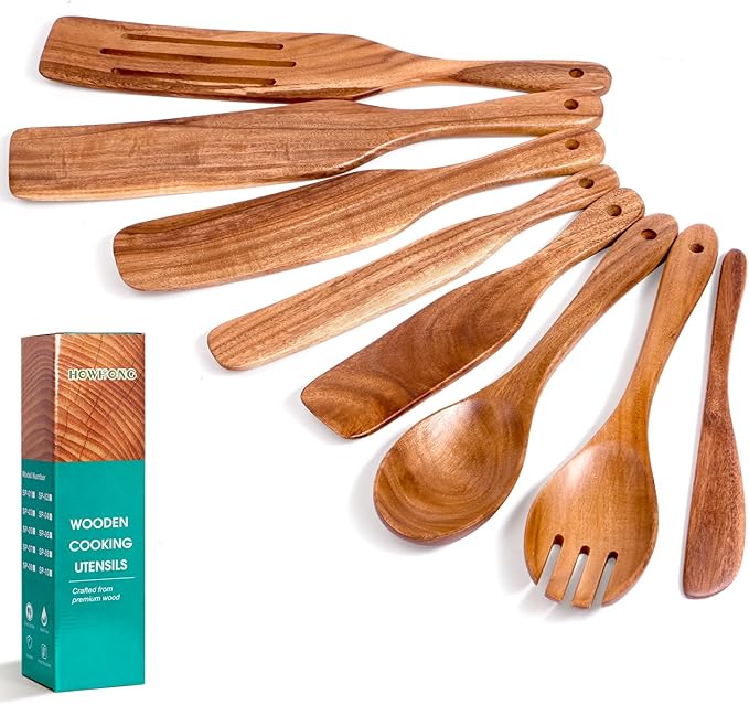 Kitchen 8-Piece Acacia Wood Spurtle Utensil Set – Wooden Cooking Spoons with Slotted Spatula, Salad Fork, Butter Knife & Kitchen Tools, Nonstick Cookware Safe by Howhong