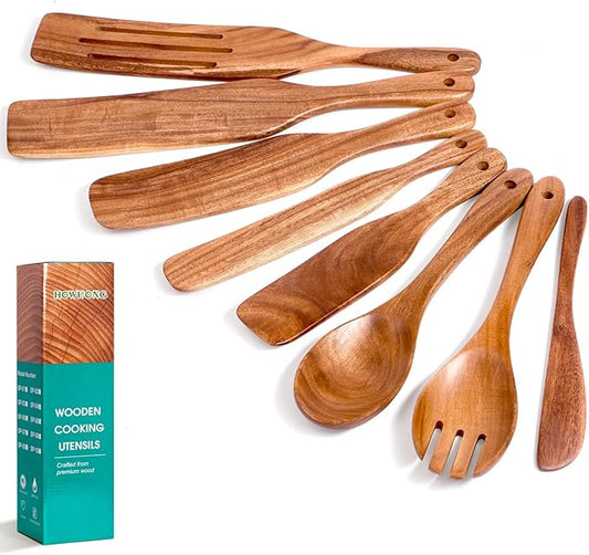 Kitchen 8-Piece Acacia Wood Spurtle Utensil Set – Wooden Cooking Spoons with Slotted Spatula, Salad Fork, Butter Knife & Kitchen Tools, Nonstick Cookware Safe by Howhong