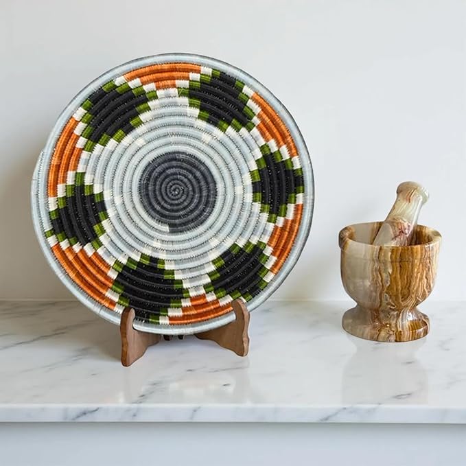 Handwoven African Basket Handmade sisal Fruit Bowl Wall Hanging decorative Baskets for Home Living Room Kitchen Centerpiece Zen Designs Arts and Crafts (Teal Slate Black, 8in diameter)