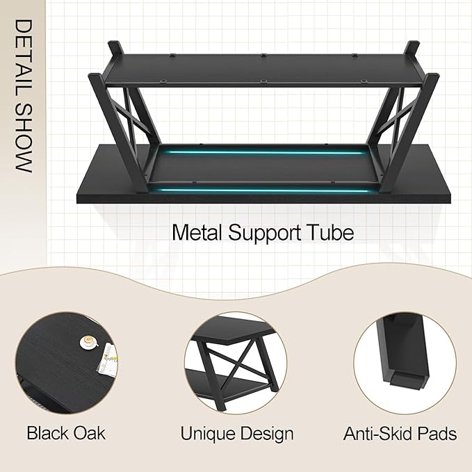 EXCEFUR Black Coffee Table, Modern Wood and Metal Center Table with Storage Shelf, Industrial Rectangle Cocktail Tea Table for Living Room, 47 Inch