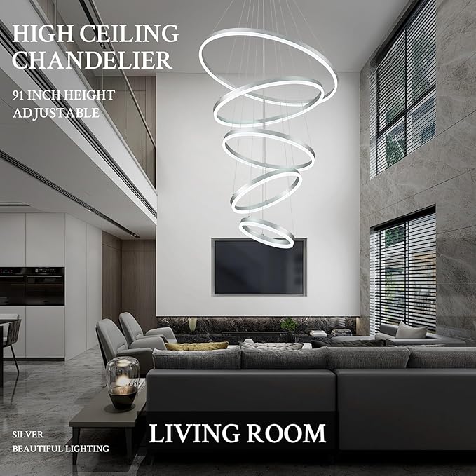 5-Rings D31.5’’ Modern LED Chandelier Silver Dimmable High Ceiling Chandeliers Foyer with Remote Control for Entryway Living Room Dining Room Staircase, 3000K-6500K
