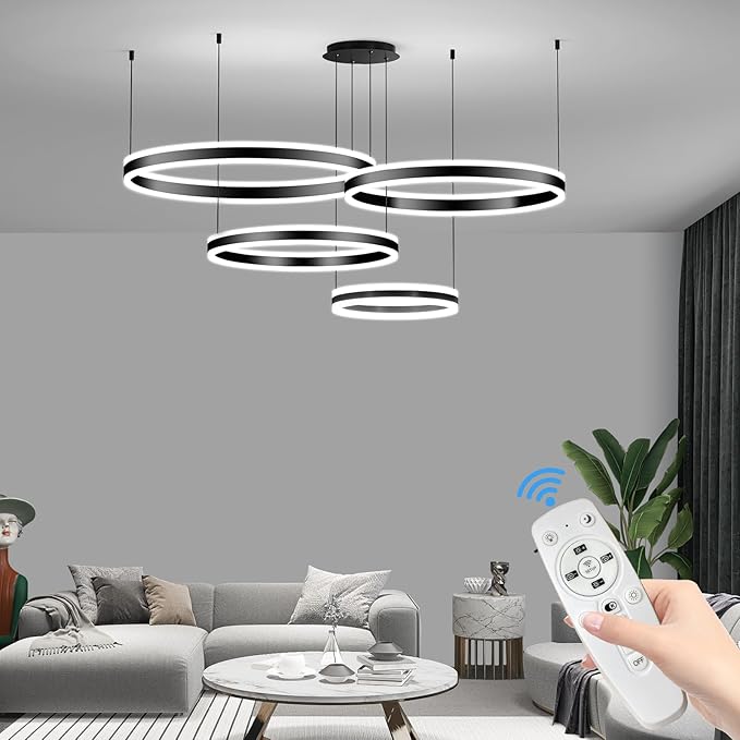 Modern LED Chandelier Light, 4 Ring Black Pendant Lighting Fixture, Adjustable Hanging Ceiling Lamp for Dining Room, Kitchen Island, Entryway, Living Room, Dimmable Dining Lights Over Table