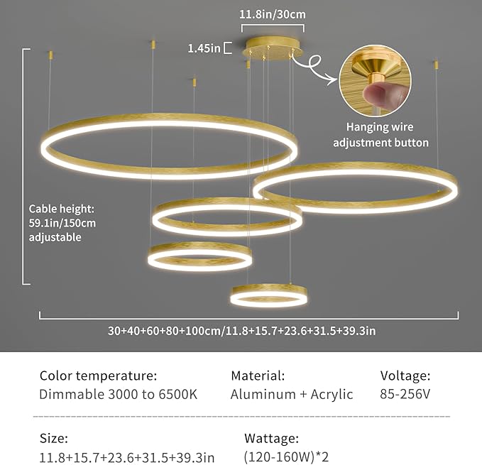 LED Pendant Light for Kitchen Island, 5-Ring Gold Modern Chandelier, Dimmable 3000K-6500K, Adjustable Height, Remote Control, Hanging Ceiling Lighting Fixture for Dining Room, Living Room Lamp