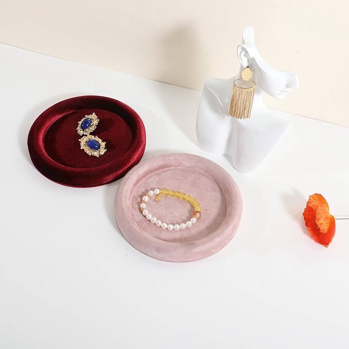 GemeShou Round Jewelry Organizer plate, Top Microfiber velvet Jewerly display tray, Empty Jewelry showcase tray for Necklace Bracelet Ring Earring display stand holder (Pink-Small, 5.9 x 5.9 in)