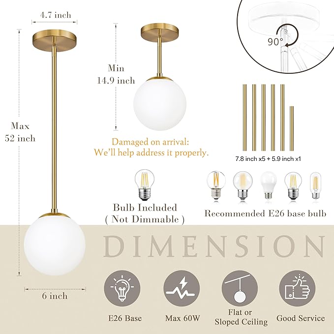 6" Globe Pendant Light Gold Mid Century Pendant Light Globe Pendant Lights Kitchen Island Brushed Brass Finished with Milk Glass Lampshade Adjustable Ceiling Light Fixtures for Kitchen