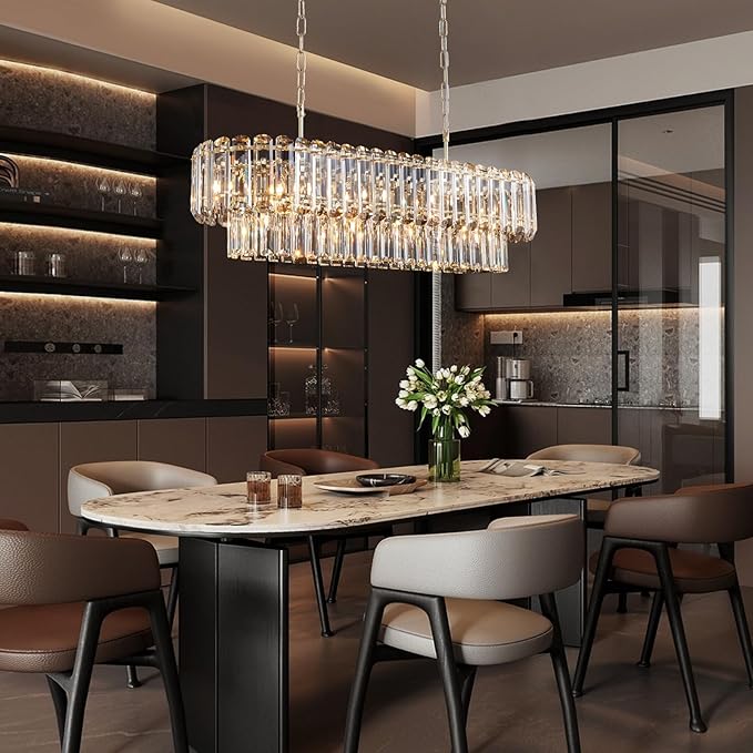 L35.4in Gold Crystal Chandeliers 14-Light Modern Chandeliers for Dining Room Rectangle Luxury Pendant Light Fixture for Kitchen Island,Entryway,Living Room