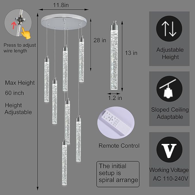 7-Lights High Ceiling Crystal Staircase Chandelier Chrome Pendant Lights Modern Spiral Raindrop Dimmable LED Bubble Cluster Ceiling Hanging Lighting Fixture for Foyer Living Room Remote Control