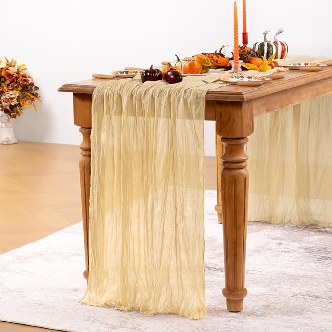 Champagne Gold Cheesecloth Table Runner Fall Table Runner Boho Gauze 120 Inches Champagne Cheese Cloth Fall Table Decorations for Thanksgiving Wedding Bridal Baby Shower Parties