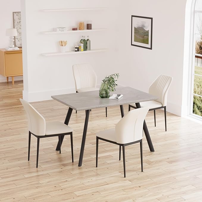 ZckyCine Modern 5-Piece Kitchen Table Set Rectangular Wood Dining Table with 4 Upholstered Leather Chairs (46.5" Table + 4 White Chairs)