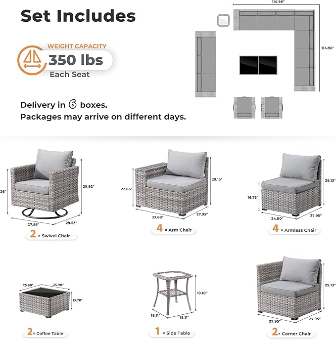 ovios 15 Pieces Patio Furniture Set, Outdoor Wicker Sectional Sofa with Swivel Chairs Coffee Table, Modern Modular Deep Seat Rattan Couch Conversation Sets, Dark Grey