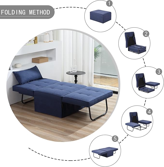 BIGSYY Sofa Bed, 4 in 1 Multi-Function Folding Ottoman Breathable Linen Couch Bed with Adjustable Backrest Modern Convertible Chair for Living Room Apartment Office, Blue